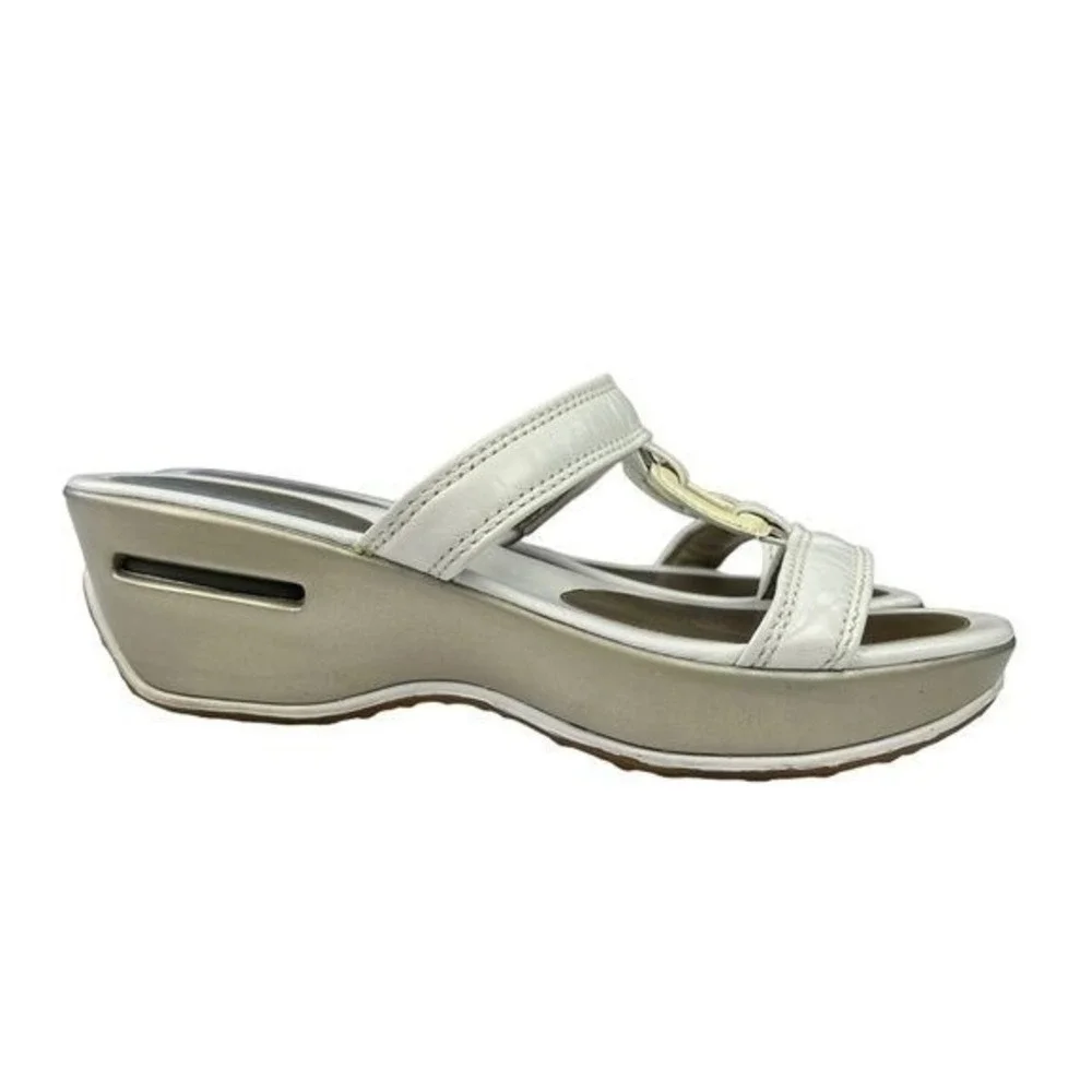 Cole Haan Womens White Leather T-Strap Wedge Heel Sandal 9‎ Minimalist Timeless